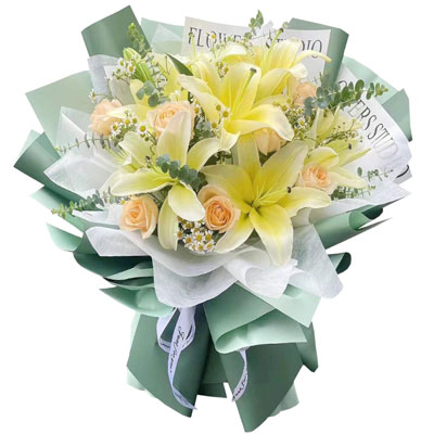 晋中9朵香槟玫瑰黄色百合,每天充满活力